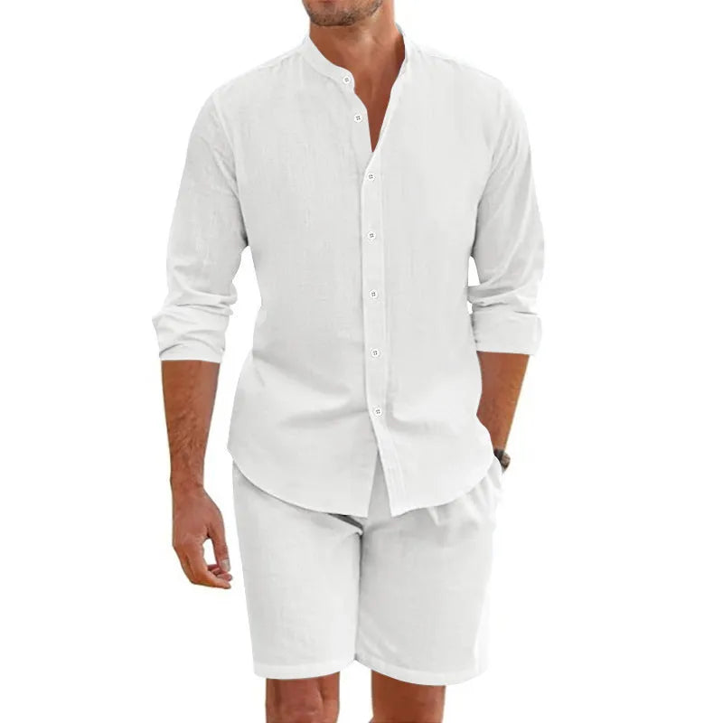 Men's hemp blend summer shirt suit two-piece set with lapel top and drawstring shorts