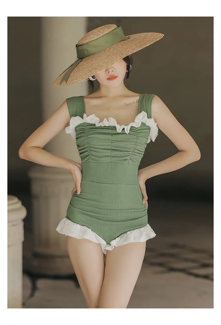 Korean style high waist one-piece swimsuit in quick-drying polyester fabric