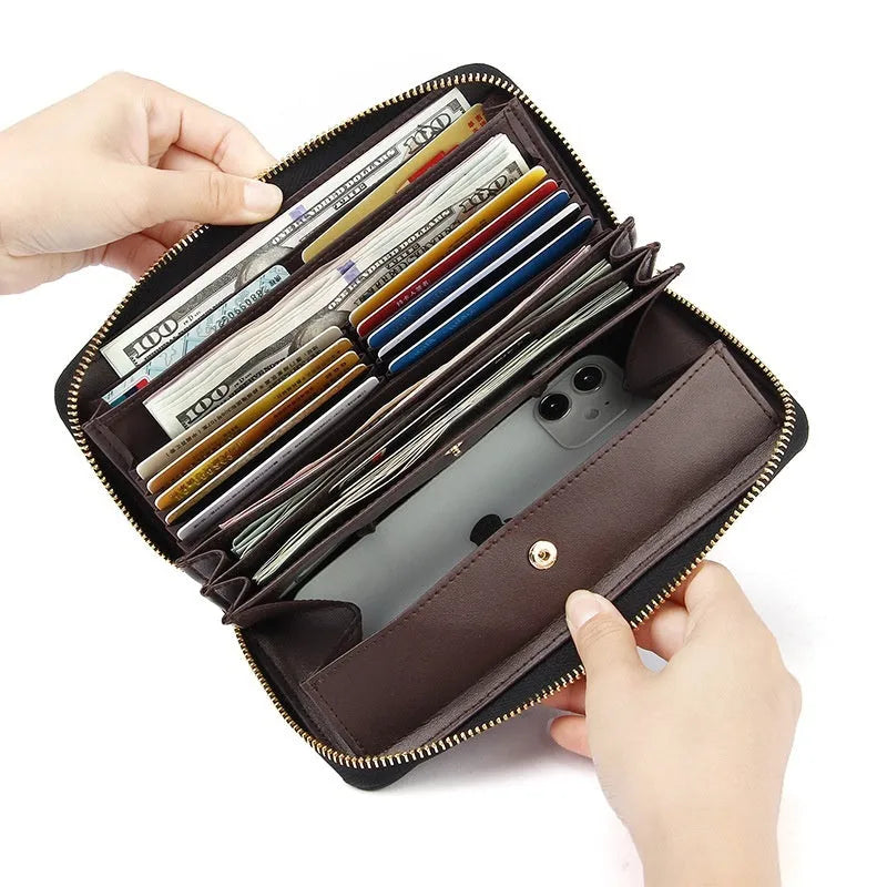 Women's genuine leather long wallet with RFID blocking in solid colours