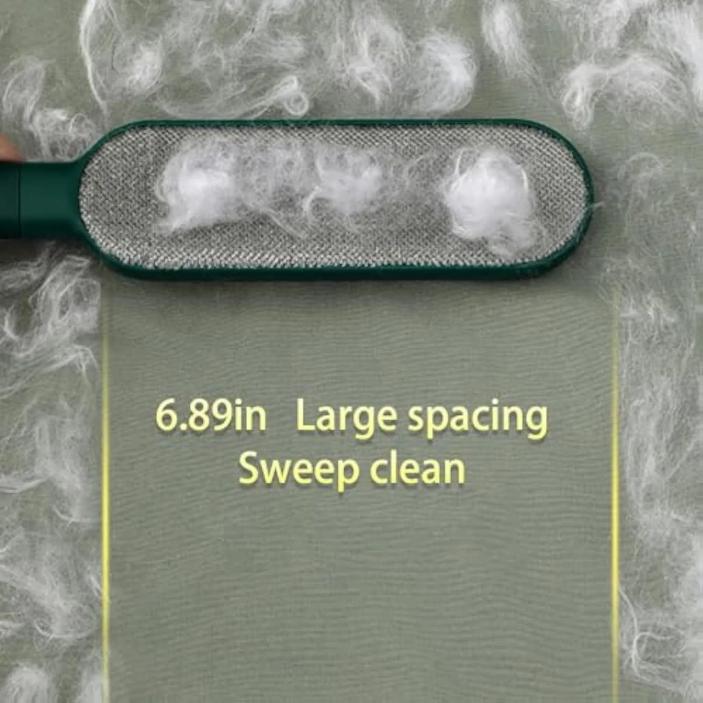 Double-sided pet hair removal brush in blue, green, or white colours with self-cleaning storage box