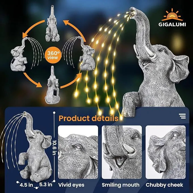 Outdoor resin elephant garden statue with integrated light strip on grass.