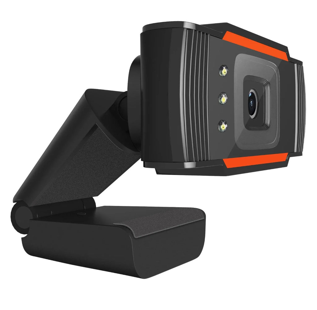Black USB webcam with LED fill light on a desktop computer, showing built-in light ring and compact ABS housing