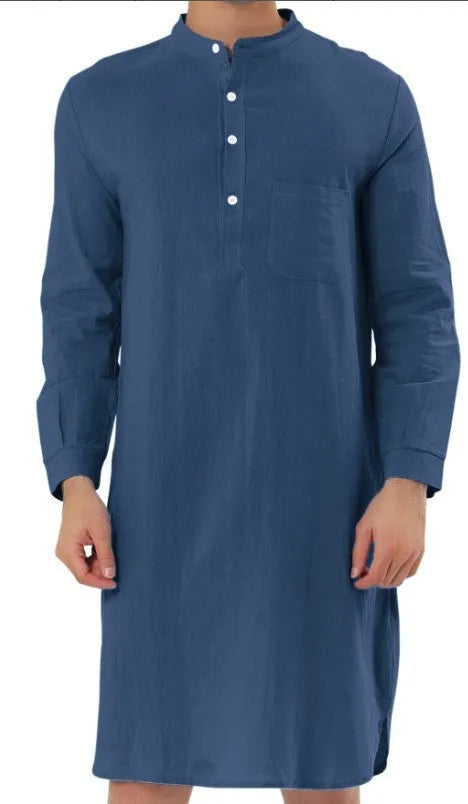 Men's cotton shirt robe in light blue showing button front and two chest pockets