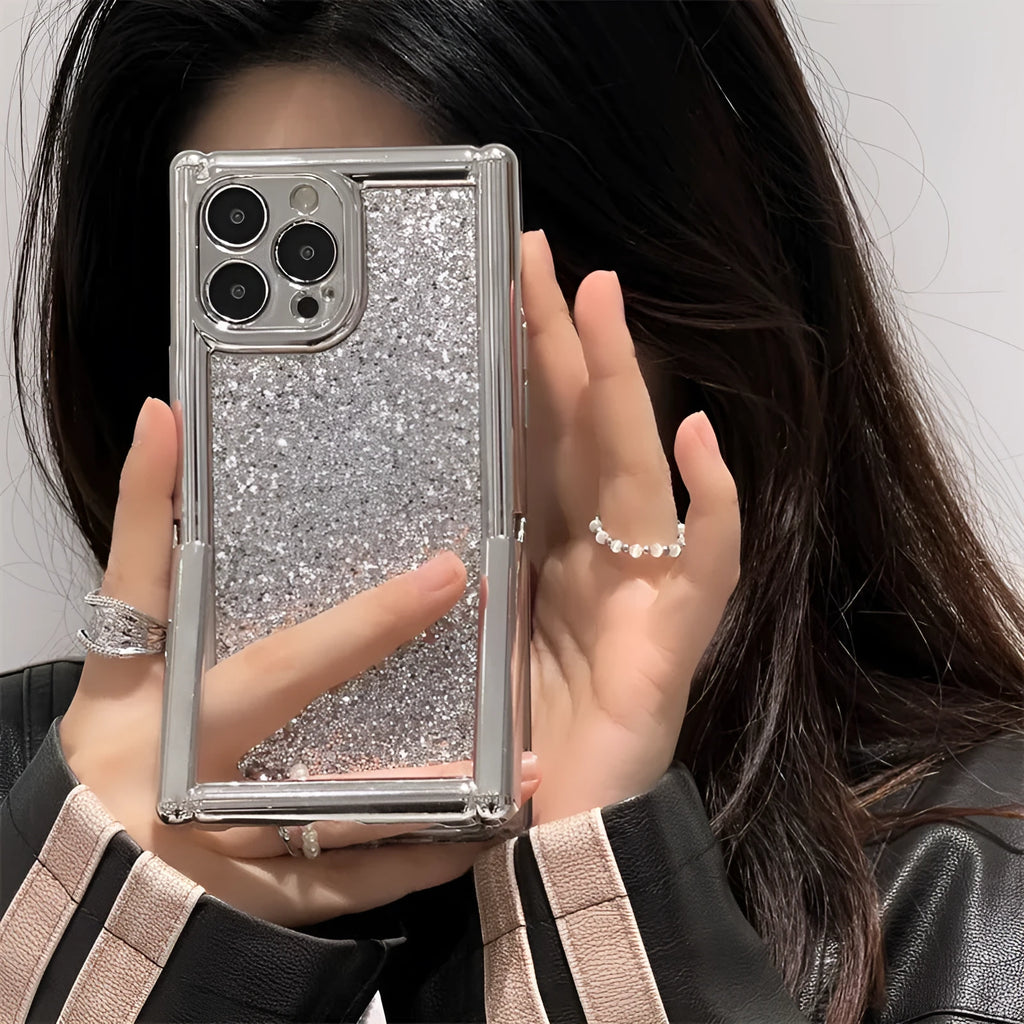 Silver electroplated silicone phone case with glitter and invisible bracket for iPhone
