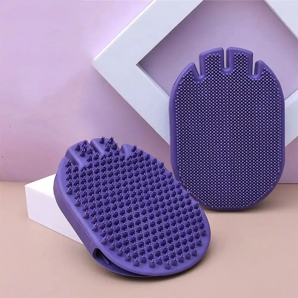 Purple dual-sided pet shampoo brush with soft TPR bristles and ergonomic handle for dog and cat grooming