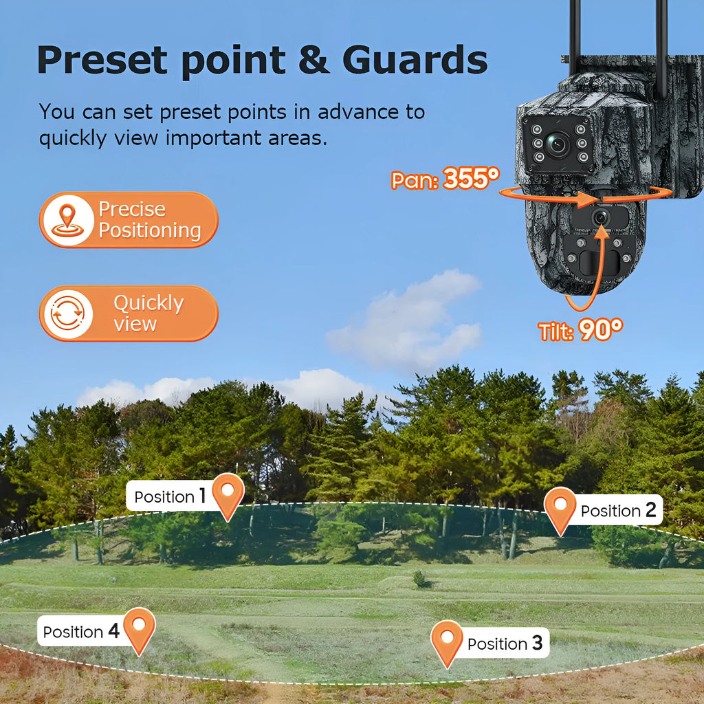 Solar surveillance camera 6MP HD dual screen IP66 waterproof with solar panel and built-in lithium battery, dimensions 190*205*160mm
