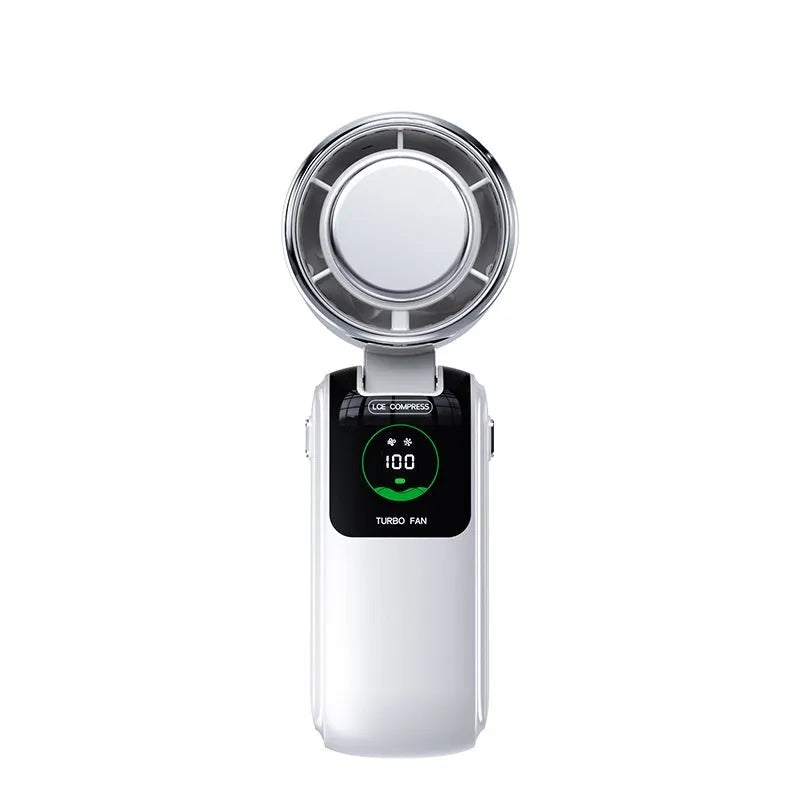 Handheld electric fan with folding design in blue colour showing USB charging port and speed adjustment buttons
