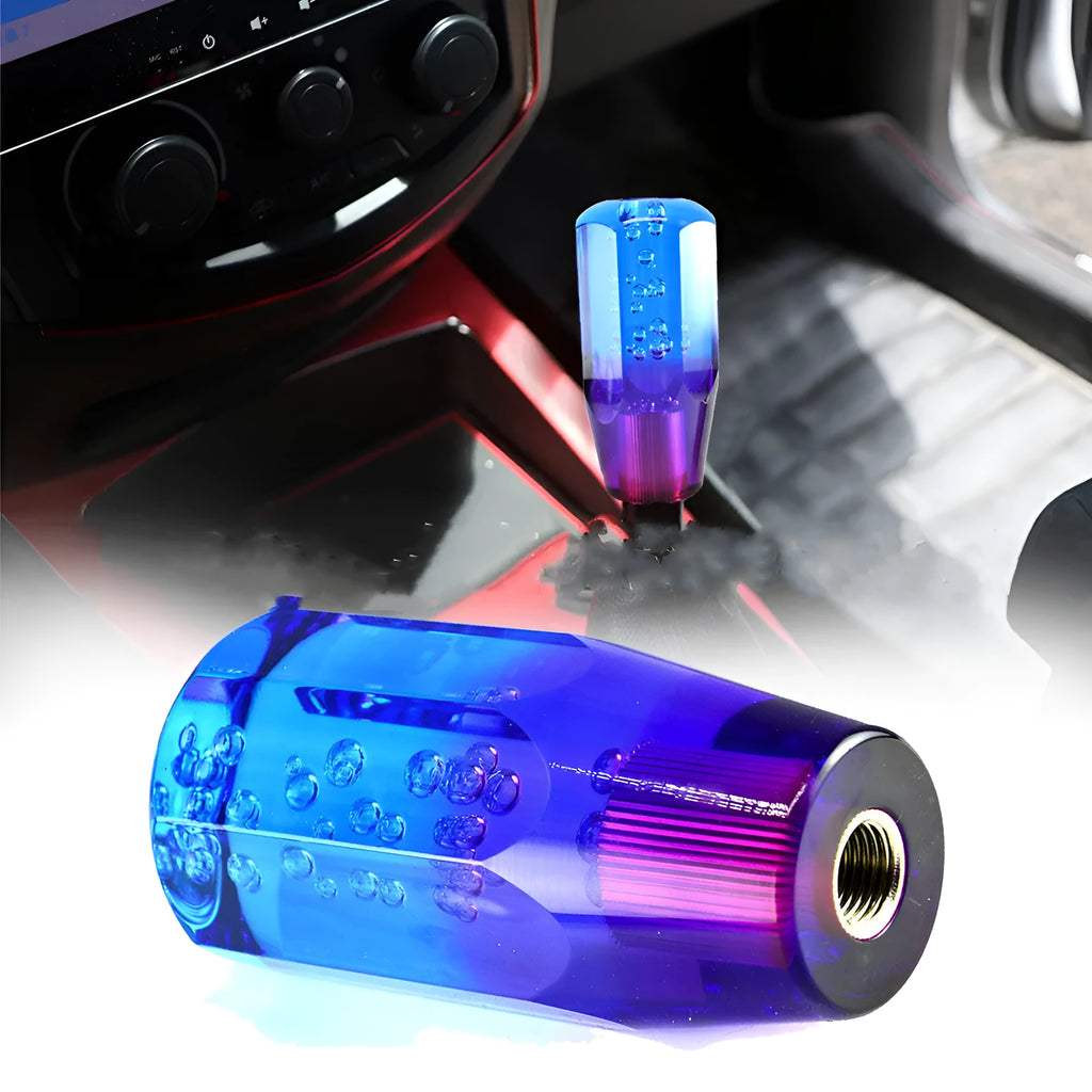 Transparent acrylic two-colour crystal gear lever in blue purple and yellow orange on a 15cm stick.