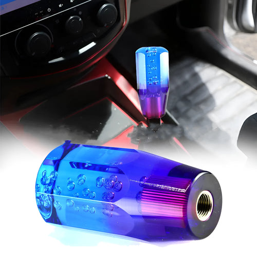 Transparent acrylic two-colour crystal gear lever in blue purple and yellow orange on a 15cm stick.