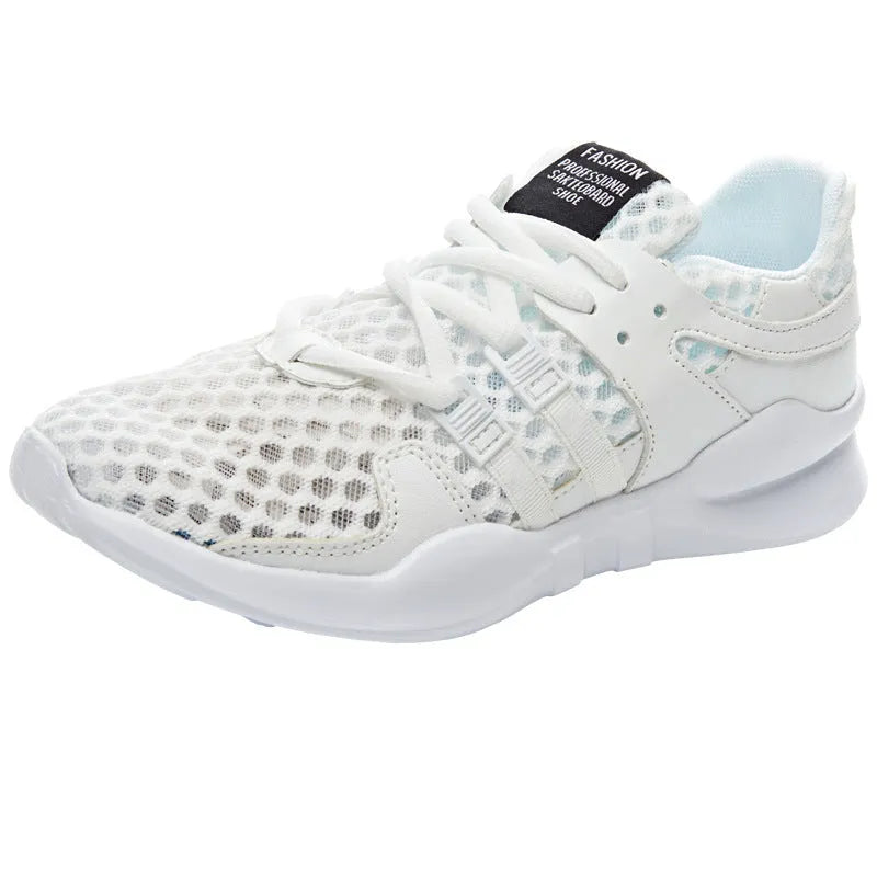 Men's low-top casual sneakers with mesh upper and hollow-out design in white
