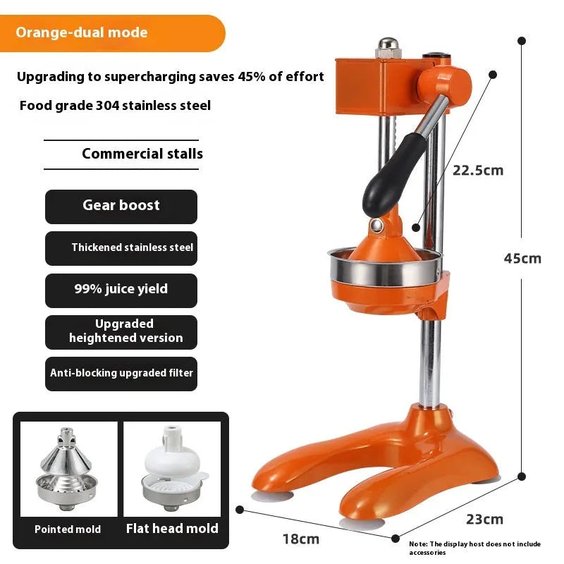 Vertical stainless steel manual citrus juicer shown in a choice of colours and with pointed tip, flat top, and double headed style options.