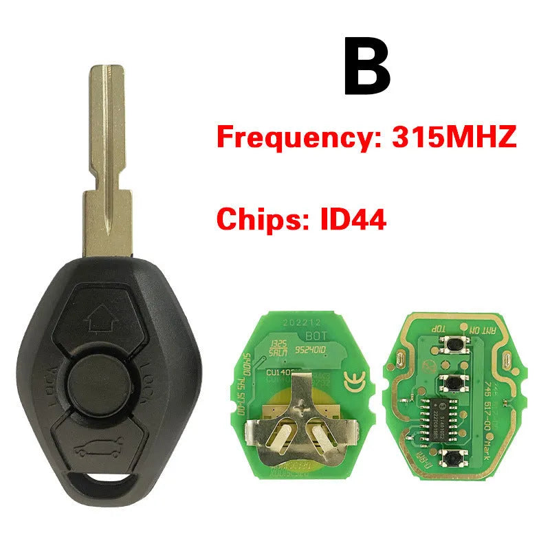 BMW EWS 3 remote replacement key with three buttons, ID44 chip, and HU58 blade cut
