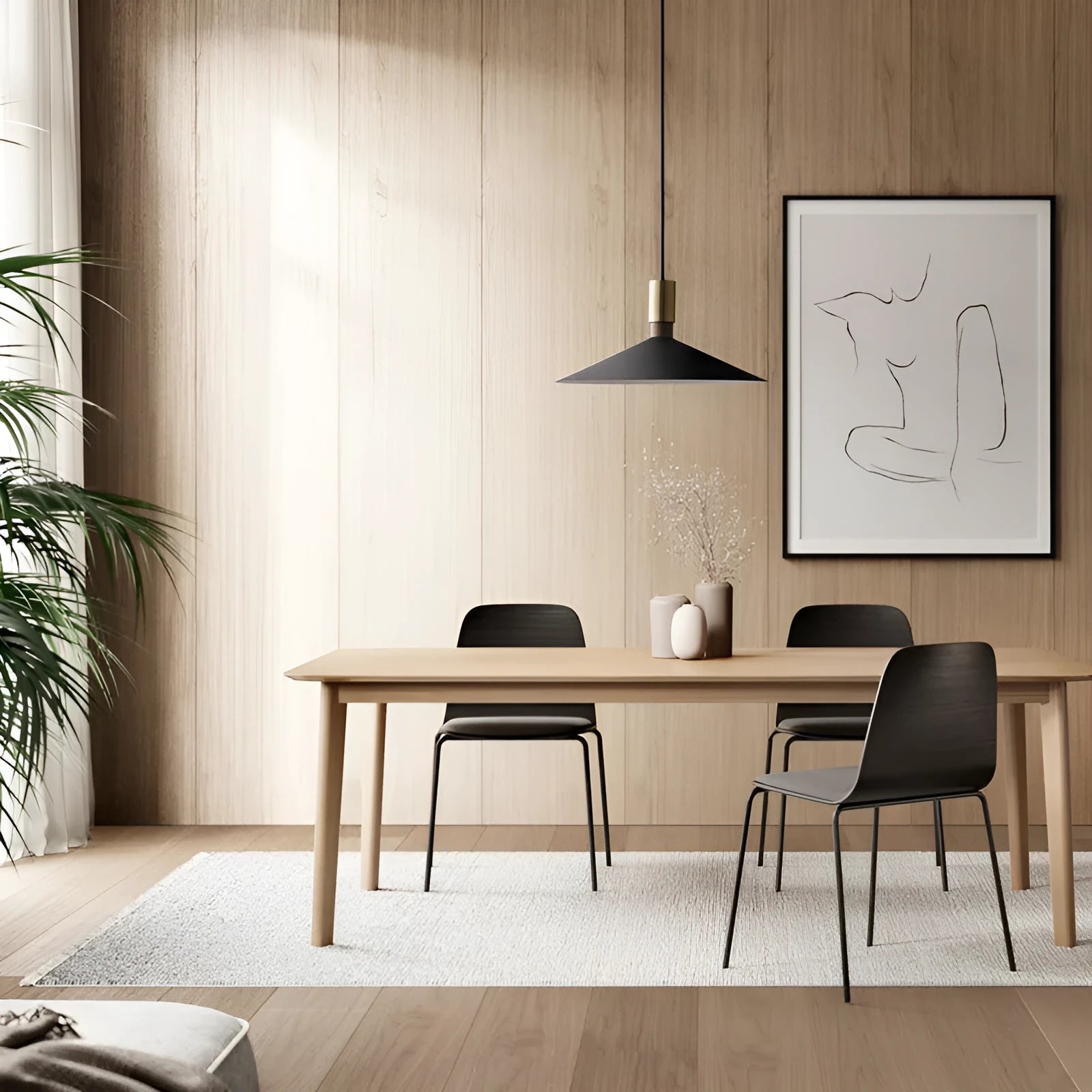 Minimalist round single-headed iron pendant lamp in black, shown in a dining setting.