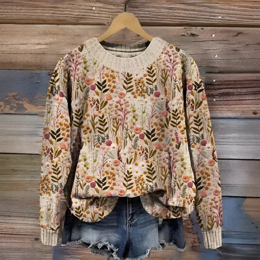 Little Flower digital printed round neck sweater in a floral pattern, made from polyester fabric.