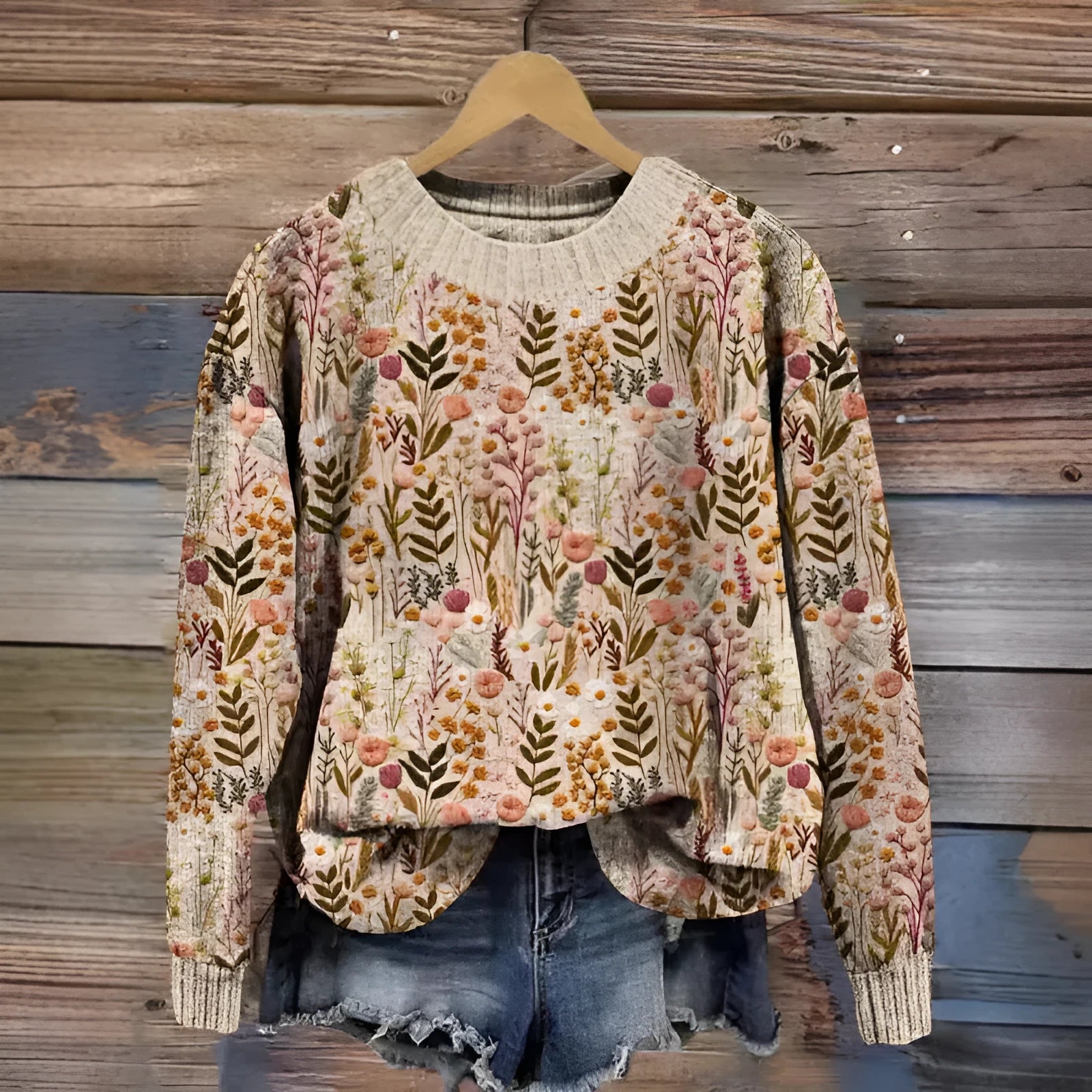Little Flower digital printed round neck sweater in a floral pattern, made from polyester fabric.