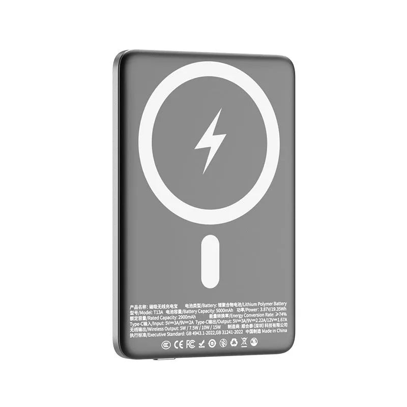 Gun gray magnetic wireless power bank with alloy shell showing ultra-thin 9mm profile and rectangular 103mm × 68.8mm dimensions