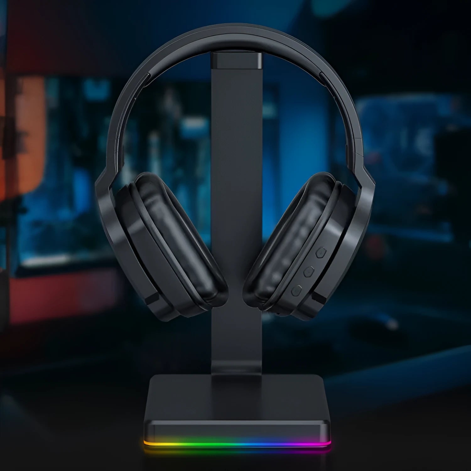 Luminous black wireless gaming headphones with LED lighting showing head-mounted design