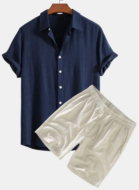Men's solid colour short-sleeved shirt and matching shorts casual suit set.