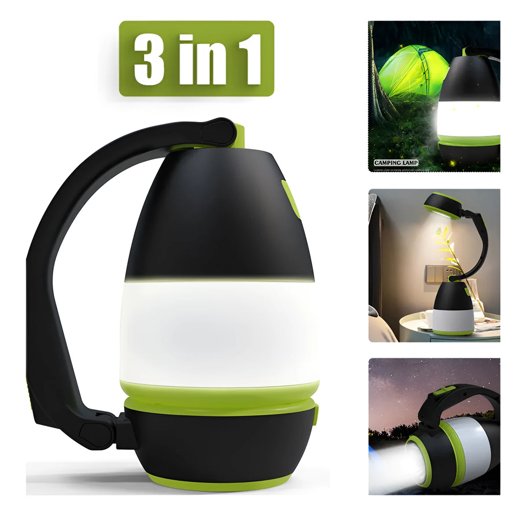 Black green multifunctional LED camping lamp with adjustable head, shown with USB cable.