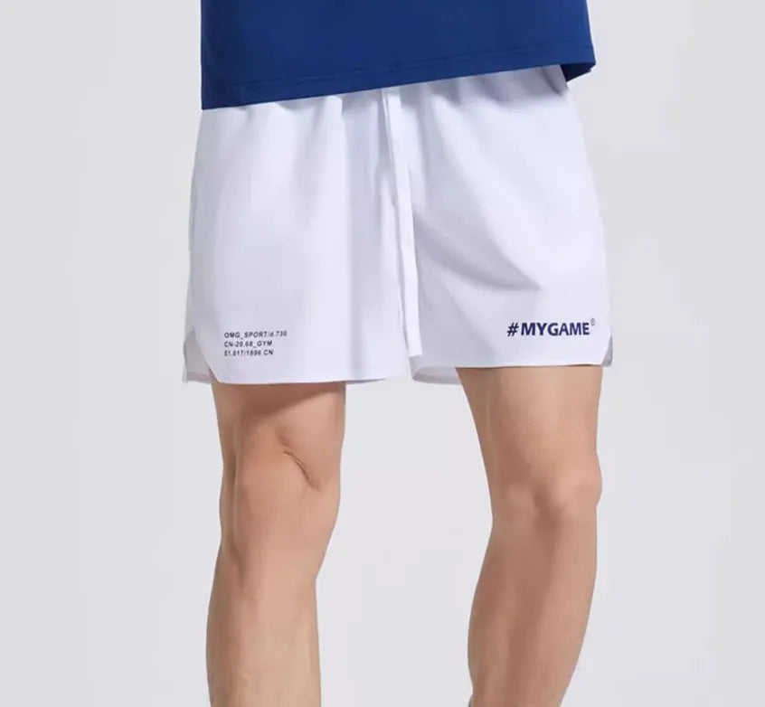 Men's navy blue training shorts with moisture-wicking fabric on a grey background.