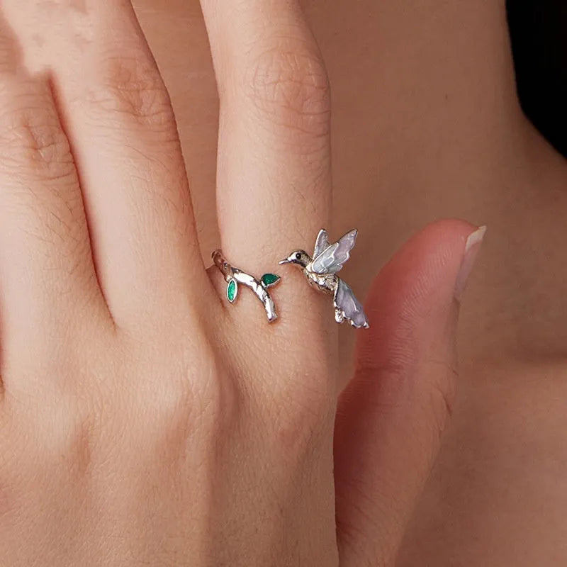 S925 sterling silver kingfisher open ring with adjustable opening and dripping oil finish in colour BSR715-E
