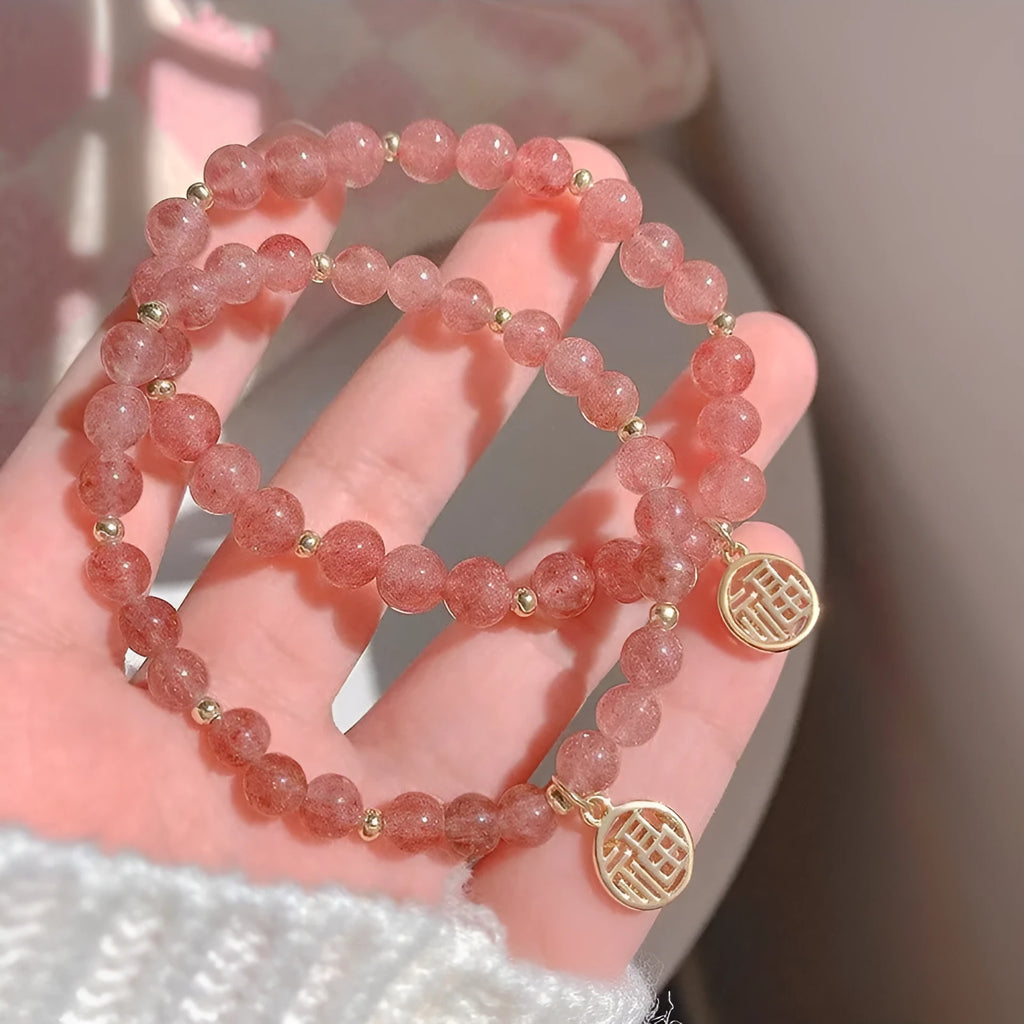Strawberry quartz blessing card bracelet made from glass with manual processing
