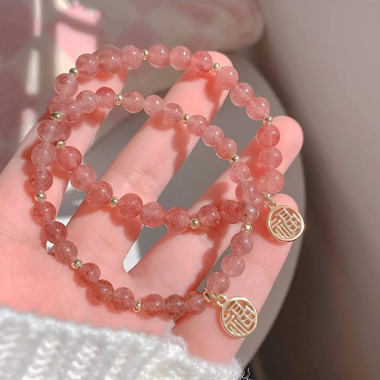 Strawberry quartz blessing card bracelet made from glass with manual processing