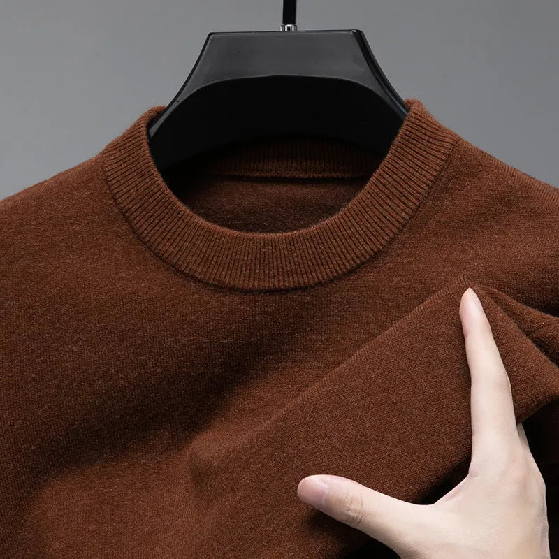 Men's round neck long sleeve acrylic blend sweater in brick red, loose fit, sizes M to 4XL
