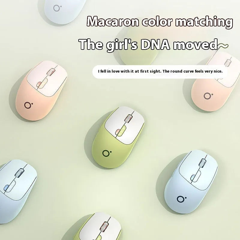 Compact mute wireless Bluetooth mouse in matcha green colour on a wooden desk