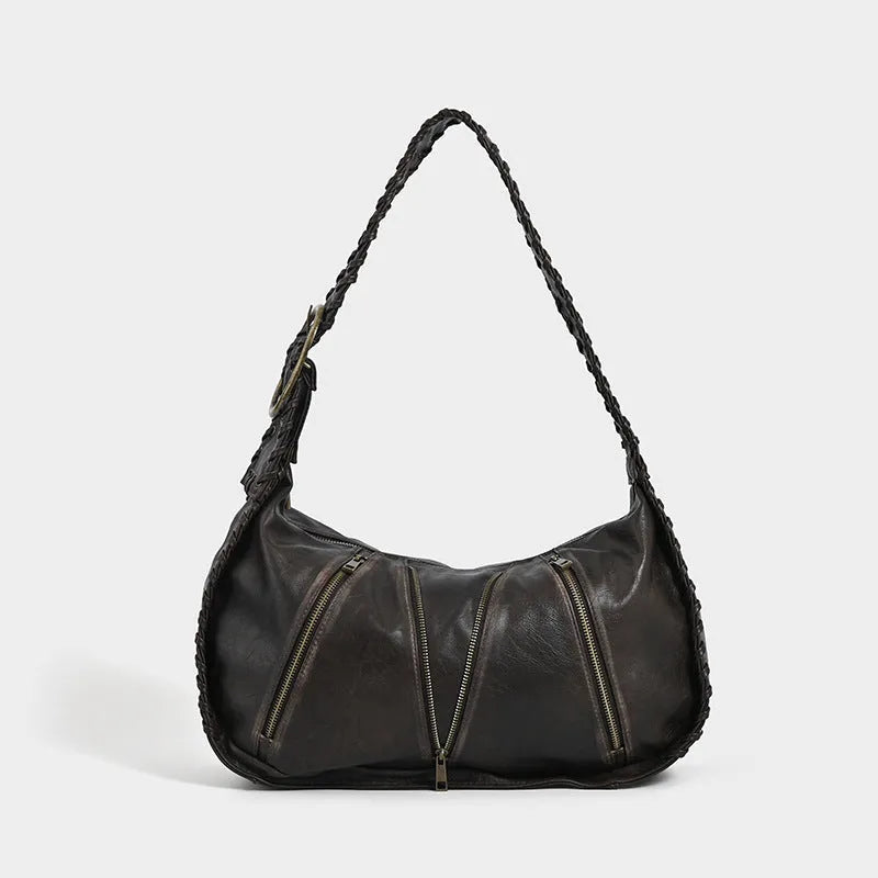 Vintage weave large capacity commuter shoulder bag in brown PU with single strap