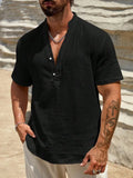 Men's solid colour short-sleeved stand collar shirt in a lightweight fabric on a hanger.