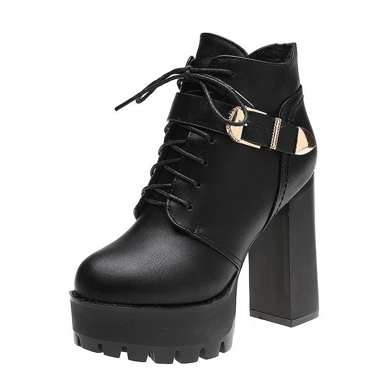Women's chunky heel waterproof platform high heels in black, back zipper, tip toe, rubber sole