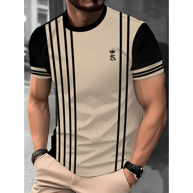 Men's loose short-sleeve T-shirt with digital 3D printed stripe pattern on polyester fabric.
