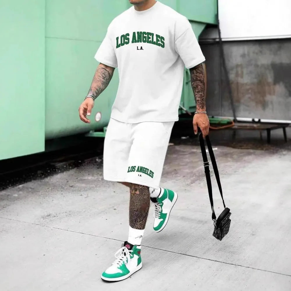 Men's 3D printed letter design polyester sports suit set with short sleeves and shorts.