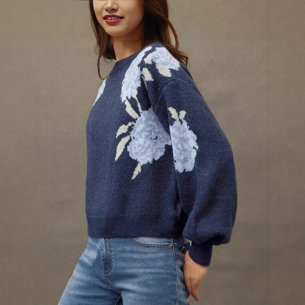 Sapphire blue women's pullover with floral jacquard pattern, loose fit, and off-neck design