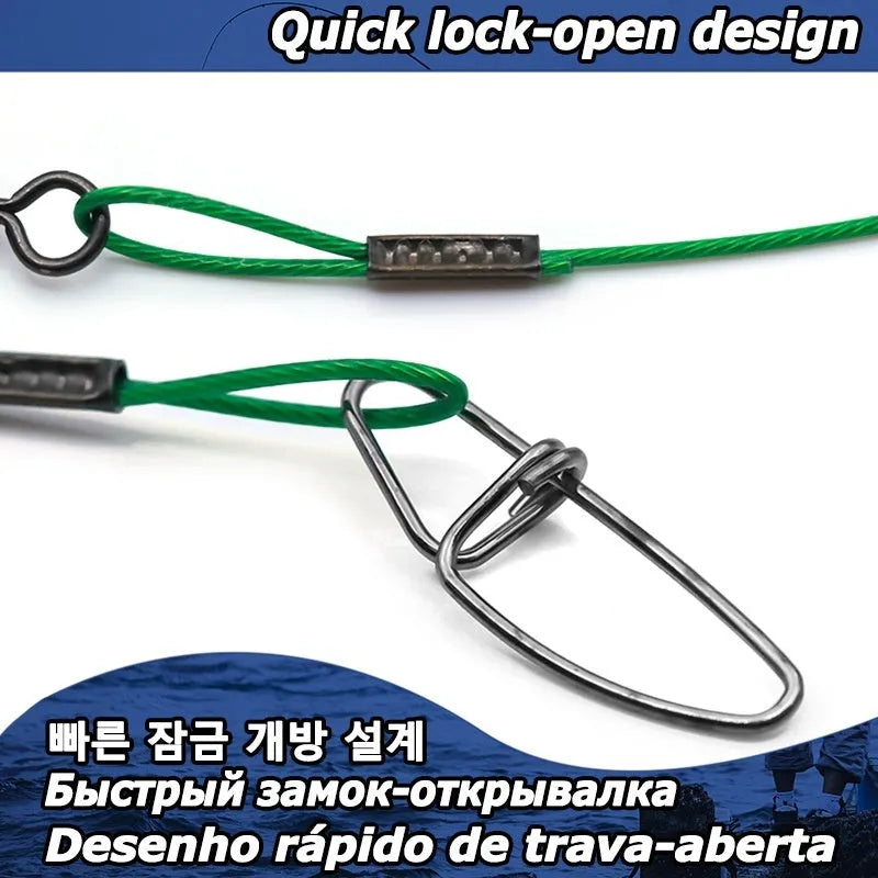 Ten green steel wire double buckle fishing pins laid out, each measuring 54 cm in length.