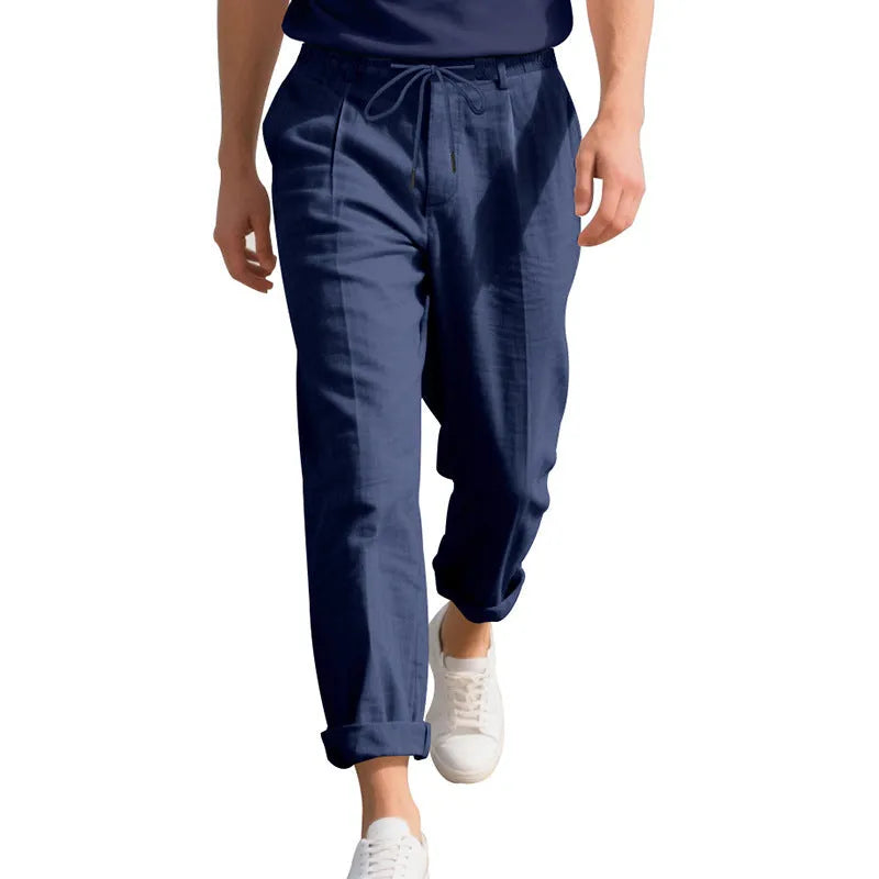 Men's linen casual trousers in loose straight-leg style with drawstring waist