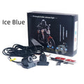 Motorcycle chassis ambience light in aviation aluminium alloy housing with blue LED glow, mounted on bike underside