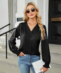 Women's loose fit V-neck long sleeve polyester pullover shirt in beige, front view