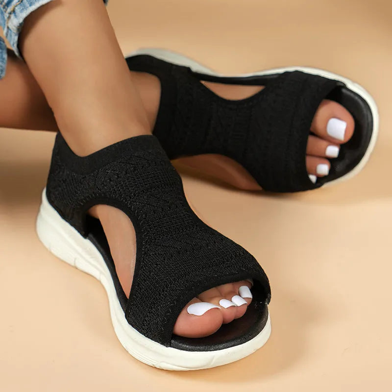 Women's flyknit sandals hollow peep-toe Roman shoes in grey with PU upper and breathable design