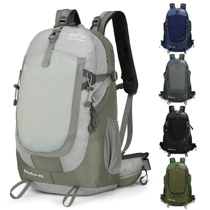 New outdoor 40L backpack in black with waterproof fabric and curved shoulder straps