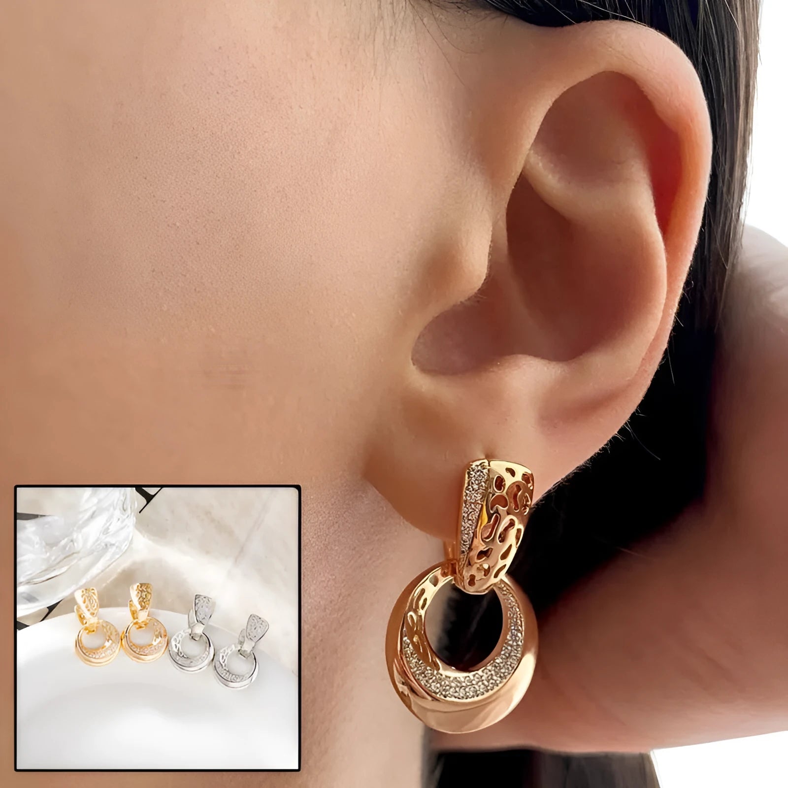 Hollow round moon drop earrings with natural zircon inlay, gold and silver copper finish for women