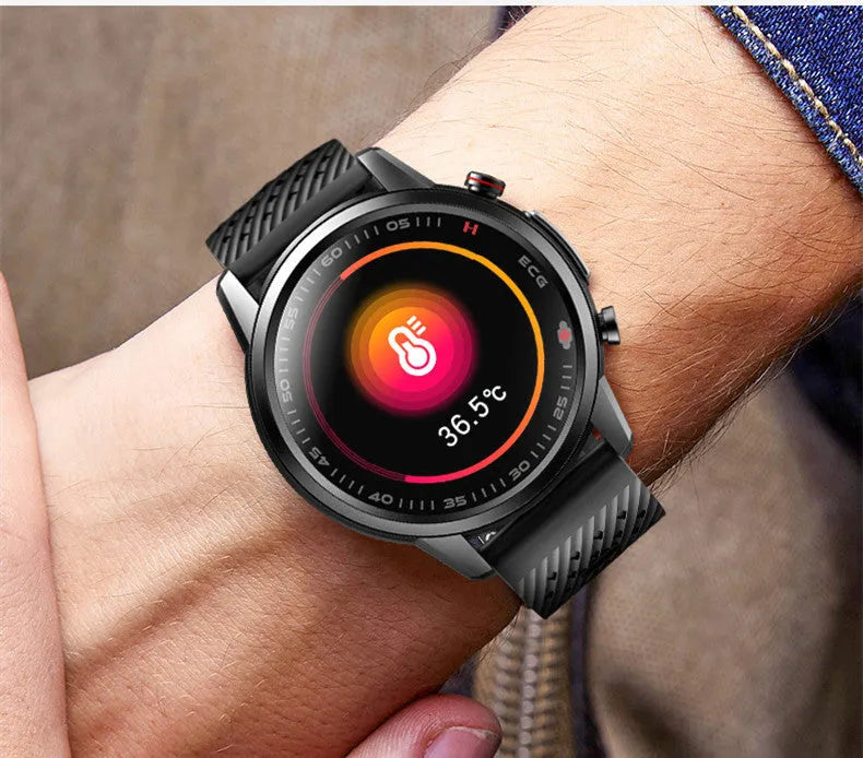 F800 ECG blood pressure sports smart watch with 1.3 inch screen, black TPU strap, touch and button controls