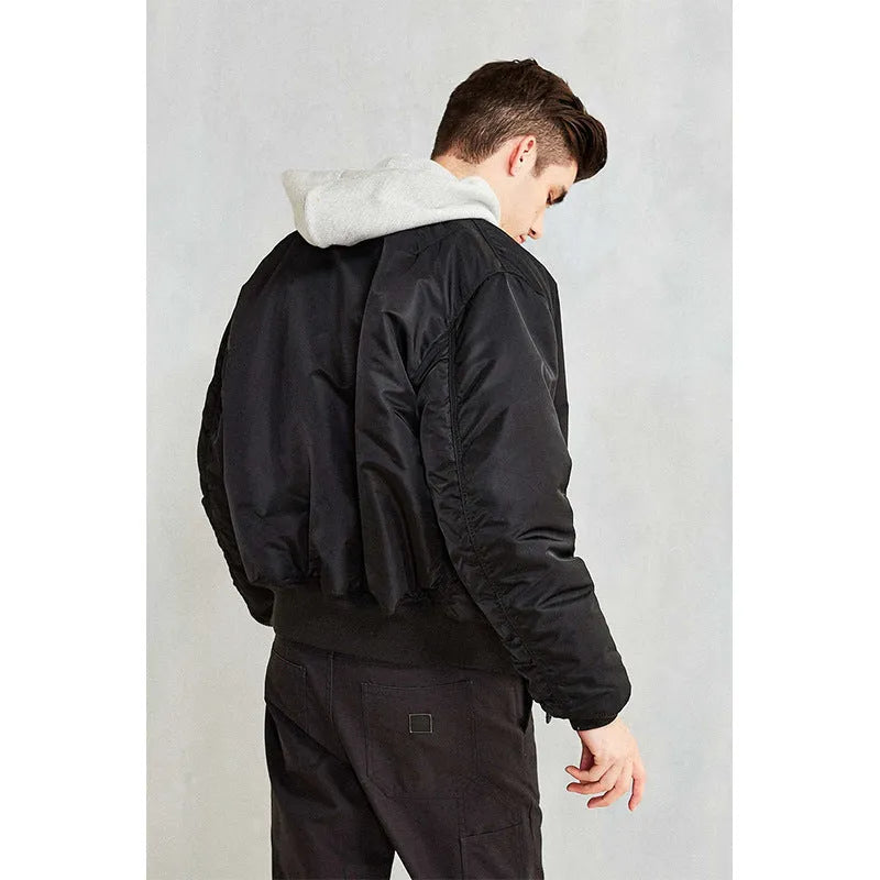 Men's loose fit cotton-padded pilot jacket in Army Green, made from nylon fabric.