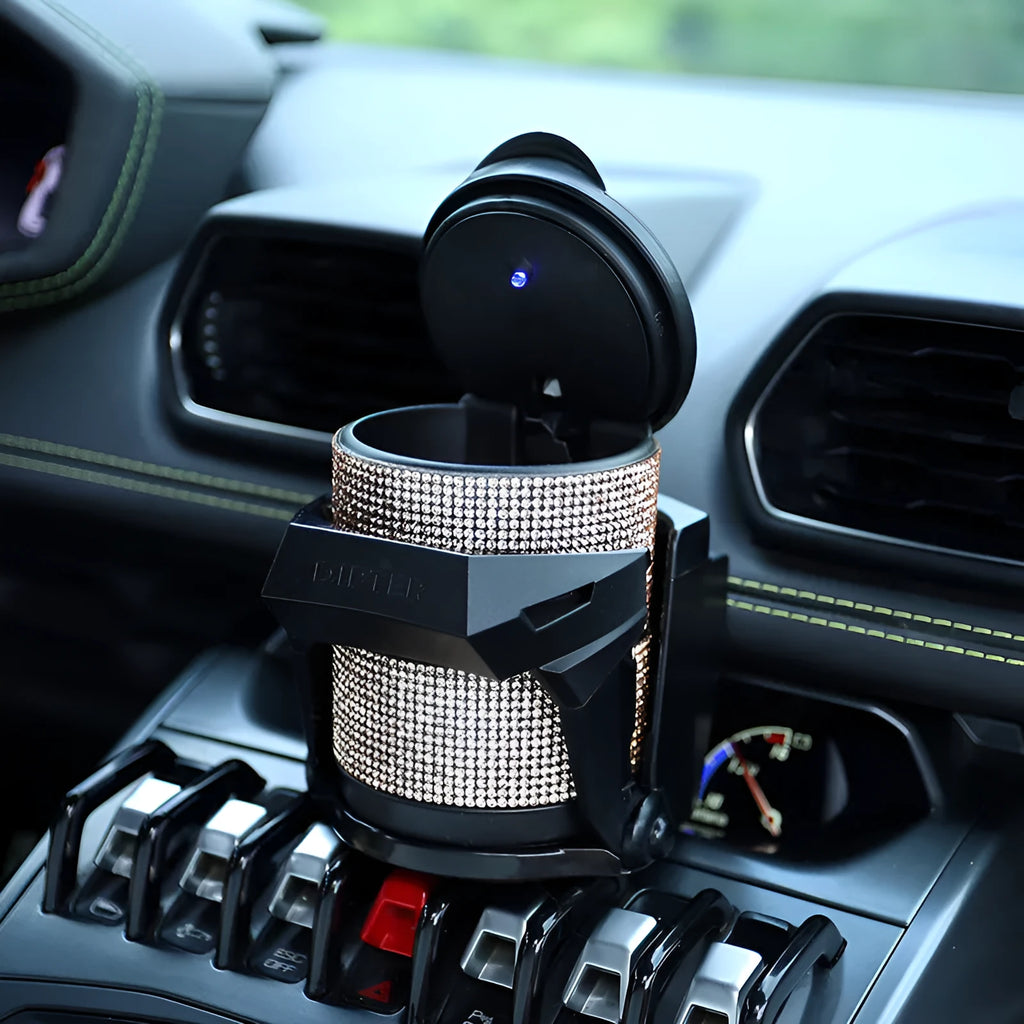 Car diamond ashtray with LED light luminous multifunctional plastic rhinestone ashtray in black