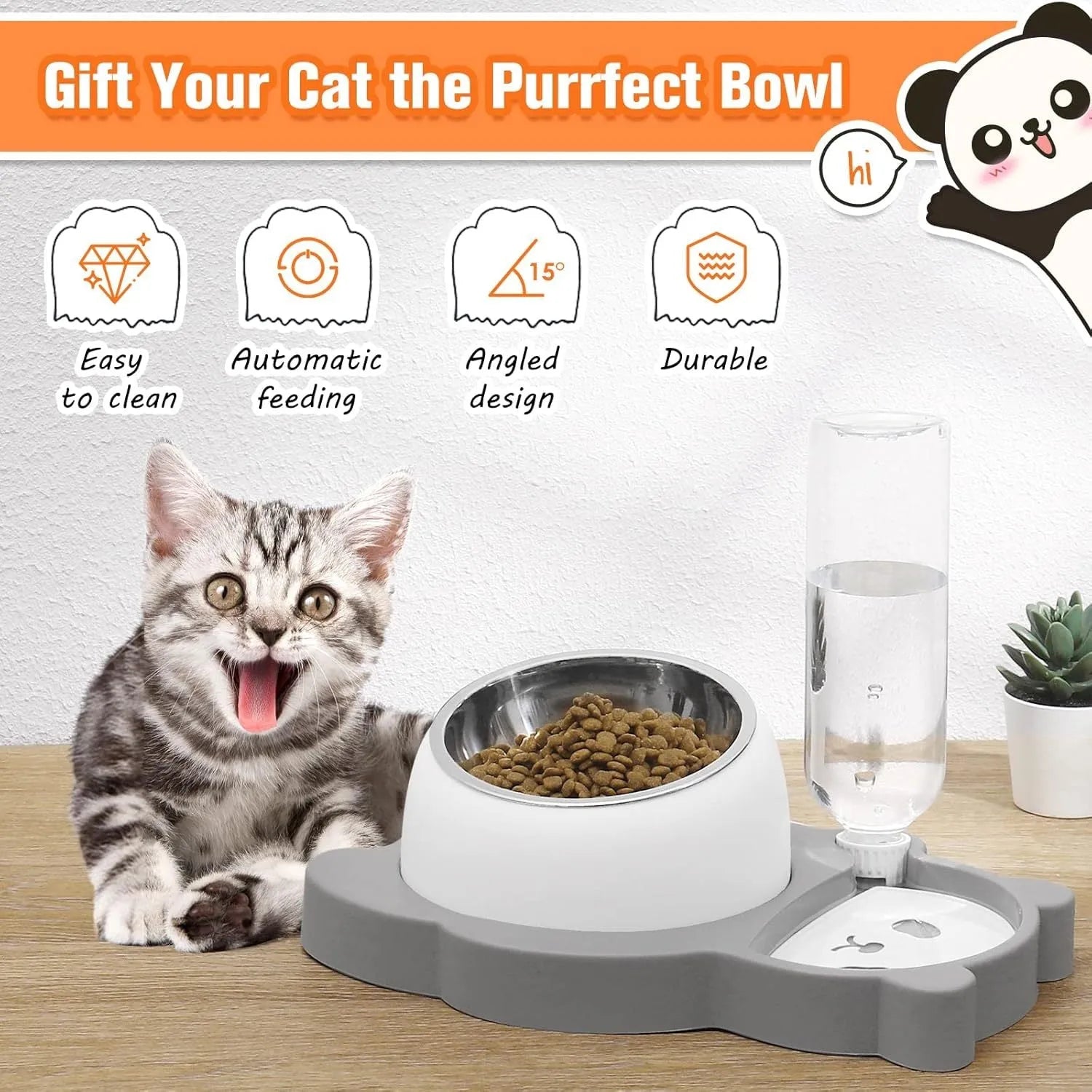 Grey panda-shaped automatic water dispenser and tilted stainless steel feeding bowl set for cats and small dogs