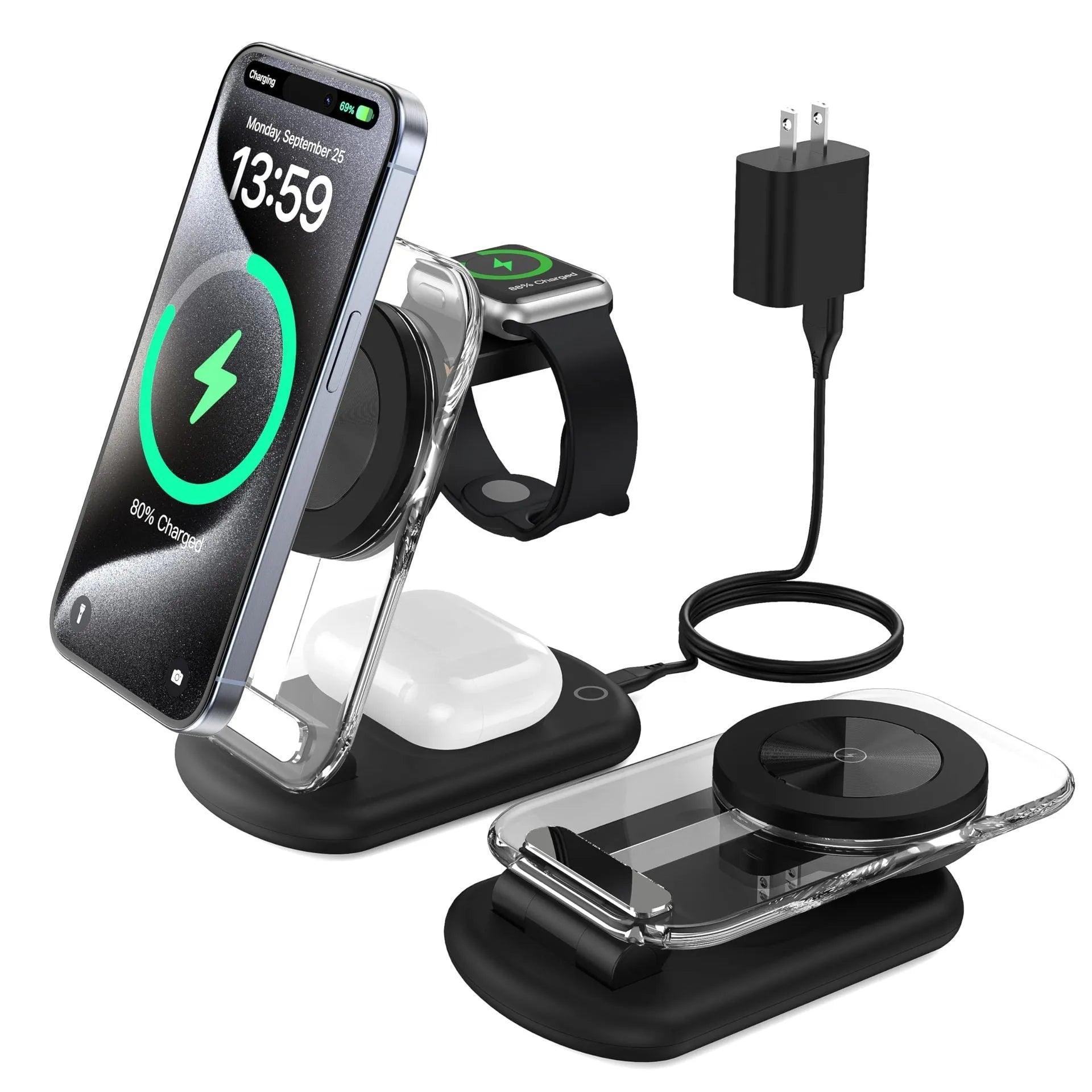 Transparent folding magnetic three-in-one wireless charger in black or white