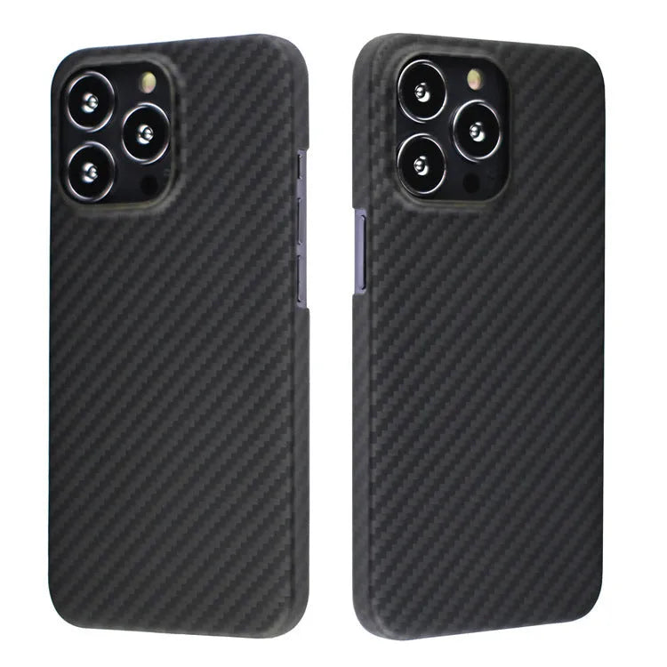 Kevlar fibre iPhone case in dull black with stripe design and Magsafe magnetic absorption option