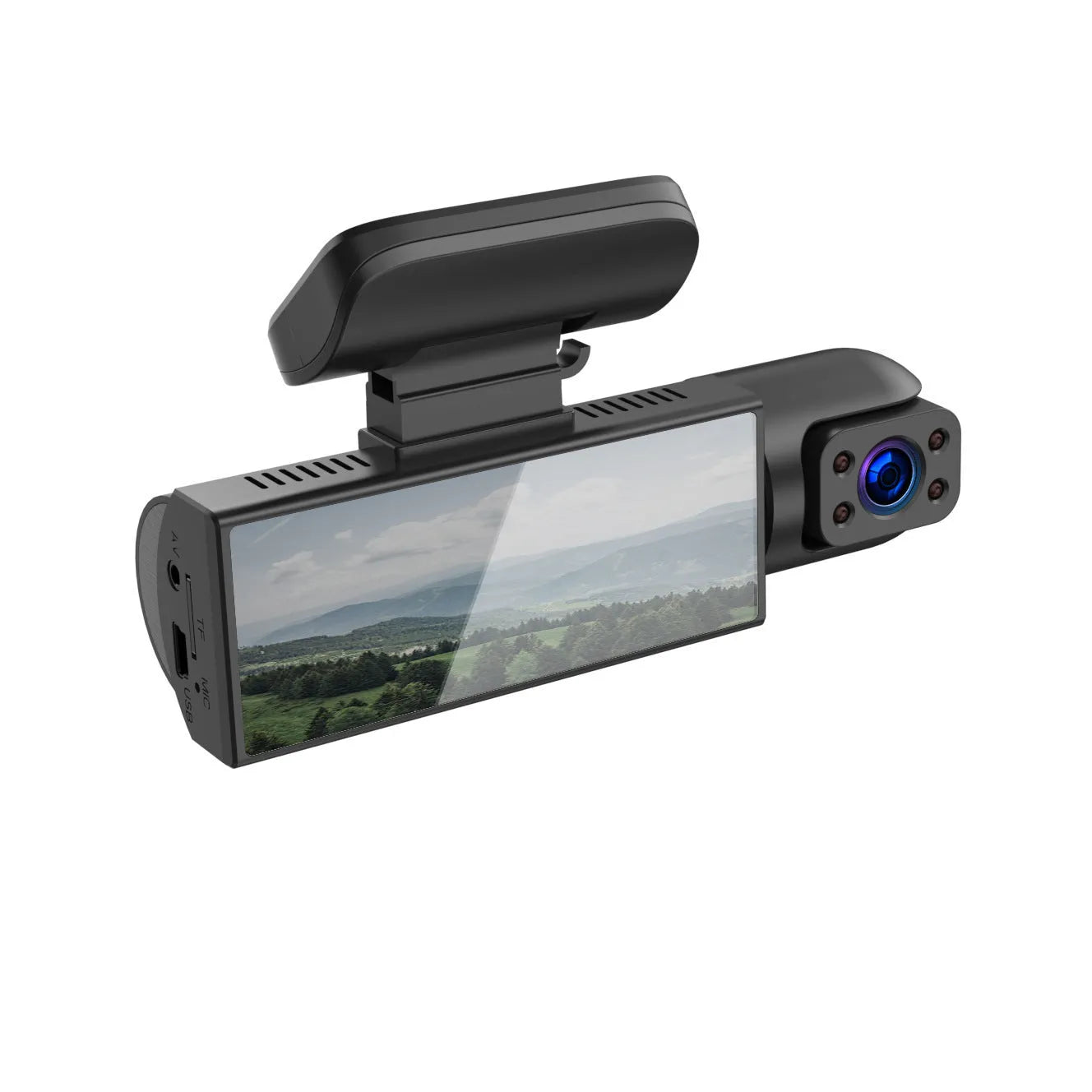 Dual-lens HD driving recorder with a 3.5-inch LCD screen mounted on a car windscreen.