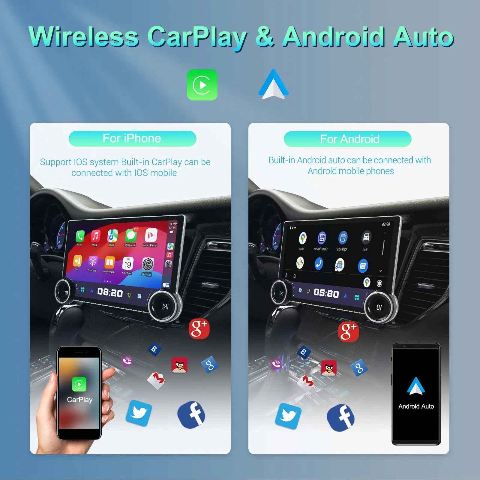11.8-inch Android car stereo with dual knobs and QLED touchscreen showing navigation interface